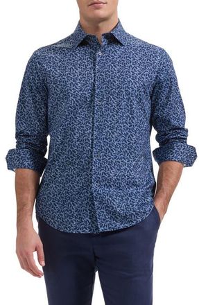 Bugatchi James OoohCotton Leaf Print Button-Up Shirt in Navy at Nordstrom, Size Xxx-Large