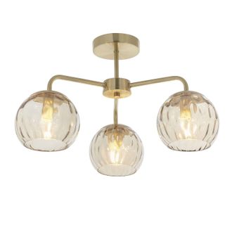 Loops Semi Flush Ceiling Light - Satin Brass & Champagne Lustre Glass - 3 x 25W E14 in Clear