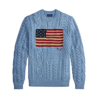 Polo Ralph Lauren Round-neck Knitwear, male, Blue, Size: M Iconic Flag Sweater