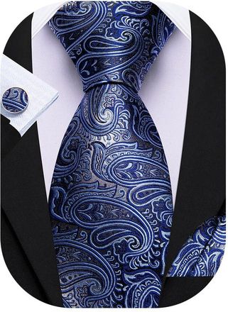 Barry.Wang Blue Grey Tie and Pocket Square Set Mens Paisley Tie Silk Necktie Handkerchief Cufflinks Sets Formal Wedding