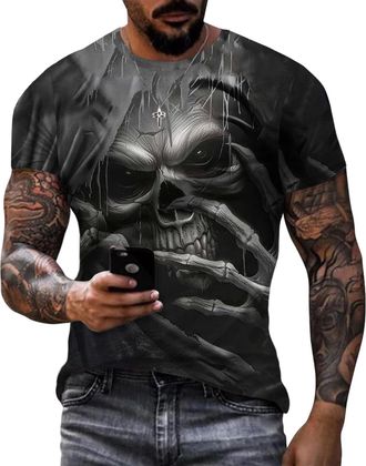 Generic Skull T-Shirts for Men Casual Halloween T-Shirt Creepy Skull Retro Graphic Tees Gothic Basic Top Summer Party Vacation Travel
