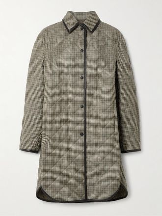 Purdey Cappotto Trapuntato In Lana Pied-de-poule Con Finiture In Pelle Testurizzata Abbot - Verde