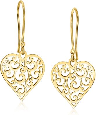 Ross-Simons Italian 14kt Yellow Gold Filigree Heart Drop Earrings