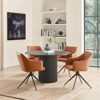 Furniturebox Penrose Black Round Dining Table & 4 Calla Faux Leather Swivel Chairs in Tan