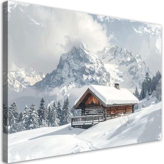 Feeby Cuadro Sobre Lienzo, Paisaje Invernal De Monta&ntilde;a Caba&ntilde;a Naturaleza, 120x80