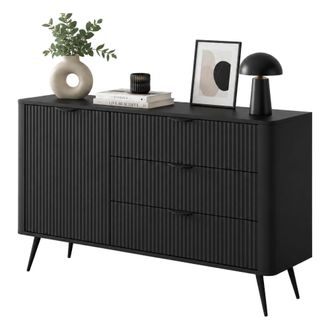 Dmora Aparador Halilomo, Alacena Con 3 Cajones Y Un Estante, Puerta Abatible, Deslizante, 138x38x81h Cm Negro