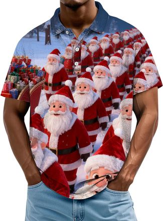Generic Christmas Polo Shirts for Men Xmas Tree Santa Claus Print Golf Shirt Short Sleeve Mens Polos Button Collar Holiday Tee Tops, A04-Red, XL