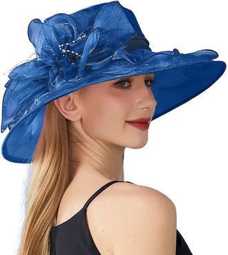 Generic Organza Fascinator Big Flower Hat for Women Cocktail Tea Garden Party Wide Brim Sun Hats Wedding Bridal Flower Church Caps Packable Blue