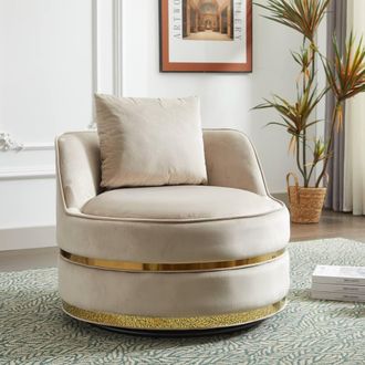 Matteo 360&deg; Swivel Barrel Accent Chair - Plush Velvet with Gold Trim in Off-White
