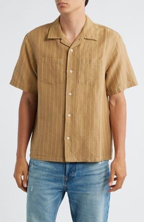 Corridor Boulder Stripe Linen & Cotton Camp Shirt in Khaki at Nordstrom, Size Xx-Large