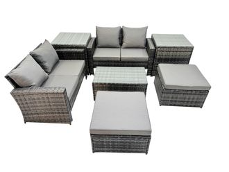 Fimous 6 Seater Wicker PE Rattan Furniture Outdoor 2 Stool 2 Side Tables Set in Dark Grey