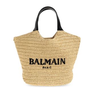 Balmain Tote Bags, female, Beige, Size: ONE SIZE Logo Raffia-Effect Top-Handle Bag