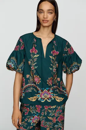 Farm Rio Cotton Blend Printed Puff Sleeve Blouse