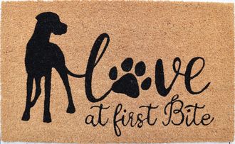 Imports Decor Love at First Bite Dog Coir Door Mat, Funny Pet Lover Coconut Fiber Doormat with Non-Slip PVC Backing, Indoor Outdoor Entryway Rug