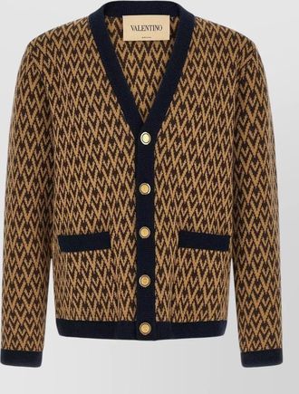 Valentino cashmere jacquard v-neck ribbed trim cardigan