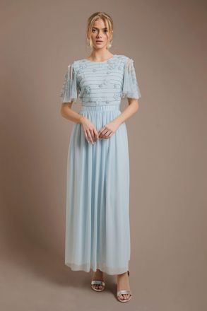 Oasis Womens Petite Floral Embellished Mesh Angel Sleeve Maxi Dress - Blue - Size 10 UK