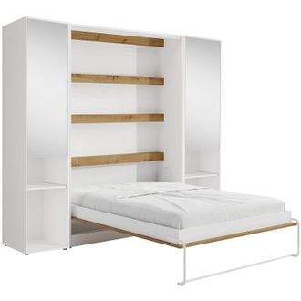 Vente-Unique Letto a scomparsa verticale 160 x 200 cm 2 colonne contenitore Con specchi e LED Bianco e naturale - RAPILI
