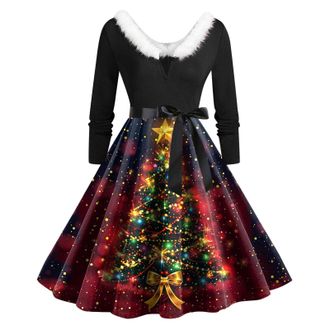 Generic Christmas Dresses for Women Glad Rags Vintage Elegant A Line Christmas Fancy Dress Formal Dresses for Women Multi Colored Vintage Printed Holiday Long
