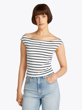 Tommy Jeans Tanktop TOMMY JEANS TJW BOAT NECK TOP SS EXT, Damen, Gr. XXL (44), blau (ecru, navy), Single Jersey, Obermaterial: 95% Baumwolle, 5% Elasthan, gestrei