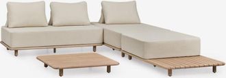 Sklum Conjunto De Sal&oacute;n Con Sof&aacute; Modular Chaise Longue De 3 Piezas Con Mesa Auxiliar Y Mesa De Centro 95x95 Cm En Acacia Portet Sklum