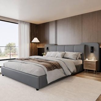 Merax 4ft6 Double PU Leather Bed with Extended Headboard & Reading Lights in Grey