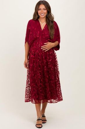 Pinkblush Embroidered Tulle Dolman V-Neck Midi Dress in Burgundy at Nordstrom, Size Medium