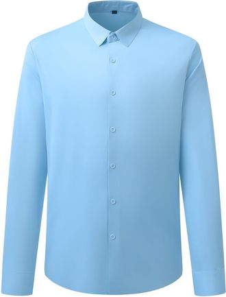 AlltheMen Mens Dress Shirt Long Sleeve No Iron Stretch Plain Shirts Business Formal Button Down Shirt Classic Fit Light Blue M