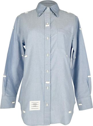 Thom Browne Button-Down Embroidered Shirt in Blue Cotton