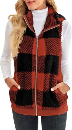 Generic Clearance Bargains Lightening Deals Fleece Jackets for Women UK Womens Jacket Sleeveless Lightweight Plaid Vest Cozy Cardigan Zipper Warm Outwear With
