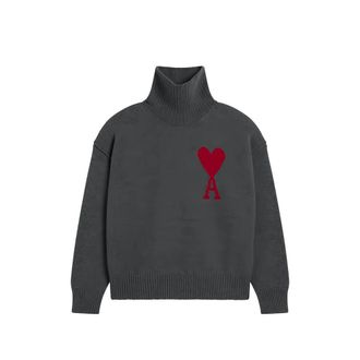 Ami Grey Funell Neck Wool Sweater With Ami De Coeur
