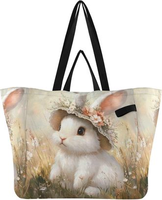 Generic Floral Rabbit Beige Grass print Reusable Canvas Tote Bag, Heavy Duty Grocery Shopping Bag with Double Handles Hard Bottom Large Capacity Work Grocerie