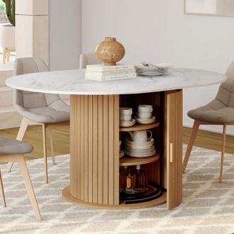 IDMarket Juliette Mesa De Comedor Redonda Extensible Para 4-8 Personas Con Patas De Listones Y Tablero Efecto M&aacute;rmol Blanco 110-150 Cm