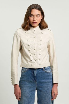 Karen Millen Womens Leather Drummer Boy Detail Jacket - Cream - Size 14 UK