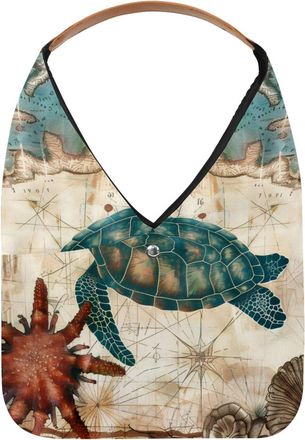 Generic Retro Sea Turtle Reusable Lightweight Grocery Bags - Foldable Into Compact Pouch, Washable & Sturdy, Multipurpose for Shopping and Travel