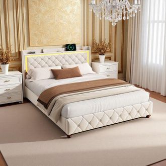 OEM Cama 2 Personas 140x190 Cm, Cama Con Arc&oacute;n De Terciopelo Beige, Led Rgb Y Puertos Ue Usb/tipo-c, Almacenamiento Multidimensional, Dise&ntilde;o Lujo Moderno