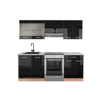 Vicco Mueble De Cocina R-line, Roble Negro/dorado De Alto Brillo, 200 Cm, Et M&aacute;rmol