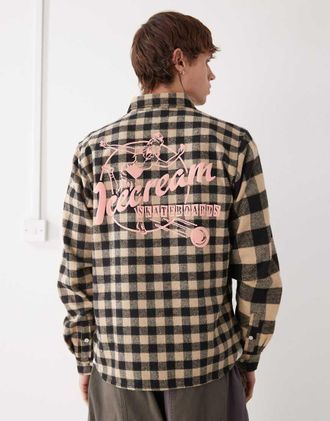 Icecream Ice Cream - Camicia a maniche lunghe beige e nera a quadri con stampa sul retro-Multicolore