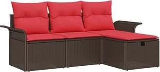 vidaXL Conjunto De Sof&aacute; De Jard&iacute;n 4 Uds. Marr&oacute;n Y Rojo Rat&aacute;n Sint&eacute;tico Vidaxl