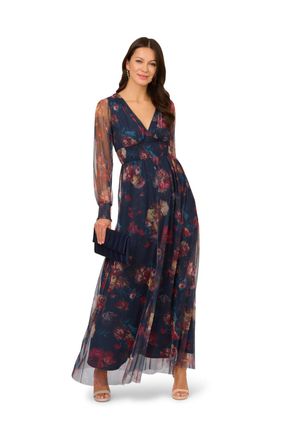 Adrianna Papell Womens Print Mesh Maxi Dress - Blue - Size X-Small