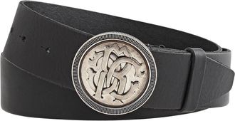 Roberto Cavalli Mens Blue Leather RC Logo Medallion Buckle Belt, Size 100 cm