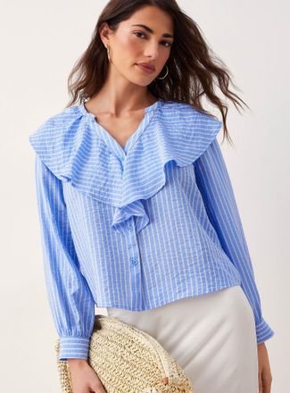 Vero Moda Womens Striped crinkled-texture ruffled V-neck blouse