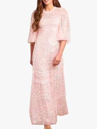 Needle & Thread Anais Sequin 3/4 Sleeve Maxi Gown in Seashell at Nordstrom, Size 10