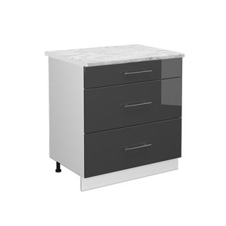 Vicco Mueble Bajo De Cocina Fame-line, Antracita Alto Brillo, 80 Cm Con 3 Cajones, Et M&aacute;rmol