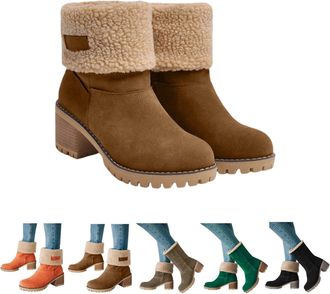 Generic Winter Warm Snow Boots 2025, Comfortable Slip On Chunky Block Heels Suede Outdoor Fashion Casual Comfortable Shoes Boots for Women Chunky Mid Heel Rou