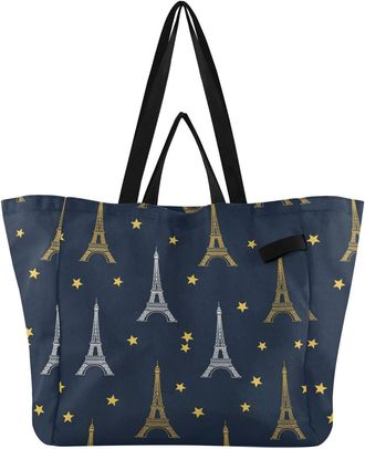 Generic Eiffel Tower Star Yellow print Reusable Canvas Tote Bag, Heavy Duty Grocery Shopping Bag with Double Handles Hard Bottom Large Capacity Work Groceries