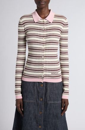 Moncler Stripe Fitted Rib Cotton Cardigan in White/Beige at Nordstrom, Size X-Small