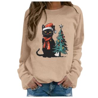 Generic Christmas Jumpers Christmas Cat Sweatshirts Black Cat Xmas Lights Shirt Crewneck Holiday Pullover Sweater Long Sleeve Pullover Blouse Crew Neck Oversi