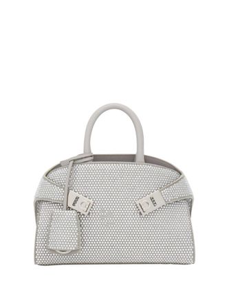 Ferragamo Borsa tote Hug piccola con strass - Bianco