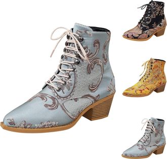 Generic Lace Up Boots for Womens Vintage Floral Embroidered Short Boots Pointed Toe Chunky Block Heel Ankle Boot Winter Stylish Casual Western Cowboy Booties 