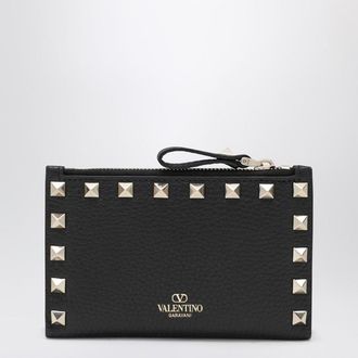 Valentino Garavani Black Leather Rockstud Zip Card Holder
